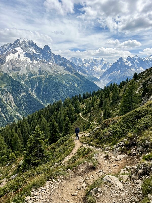 Hiker far away on a mountain path