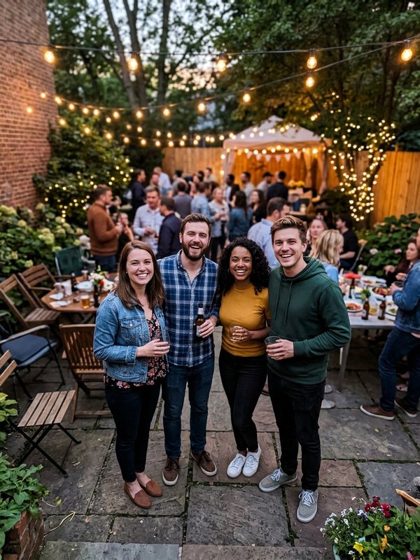 Four friends posing at a garden party