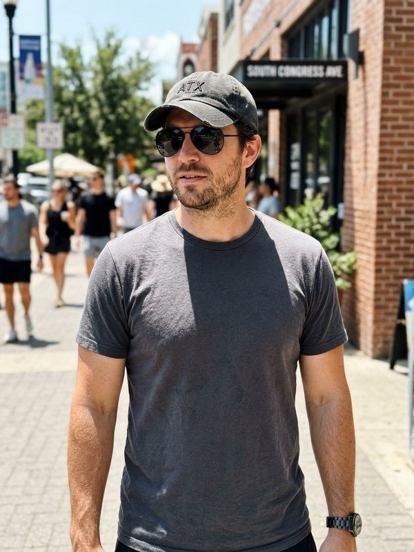 Man in sunglasses and a cap on a sidewalk