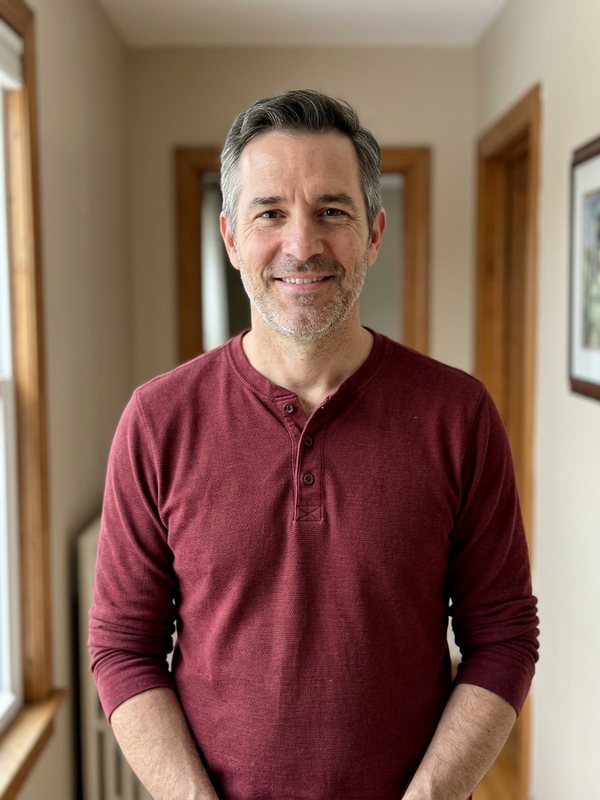 Gray-haired man in a burgundy henley in soft window light