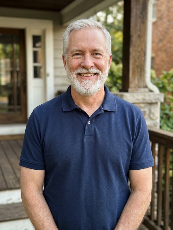 White-bearded man in a navy polo, waist up